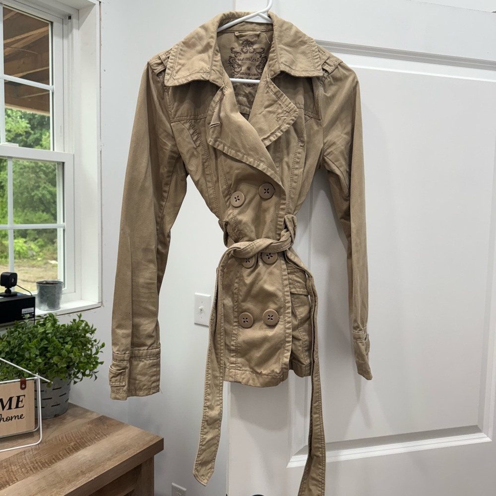 Maurices Tan Trench Coat with Belted Waist and Wide Lapels